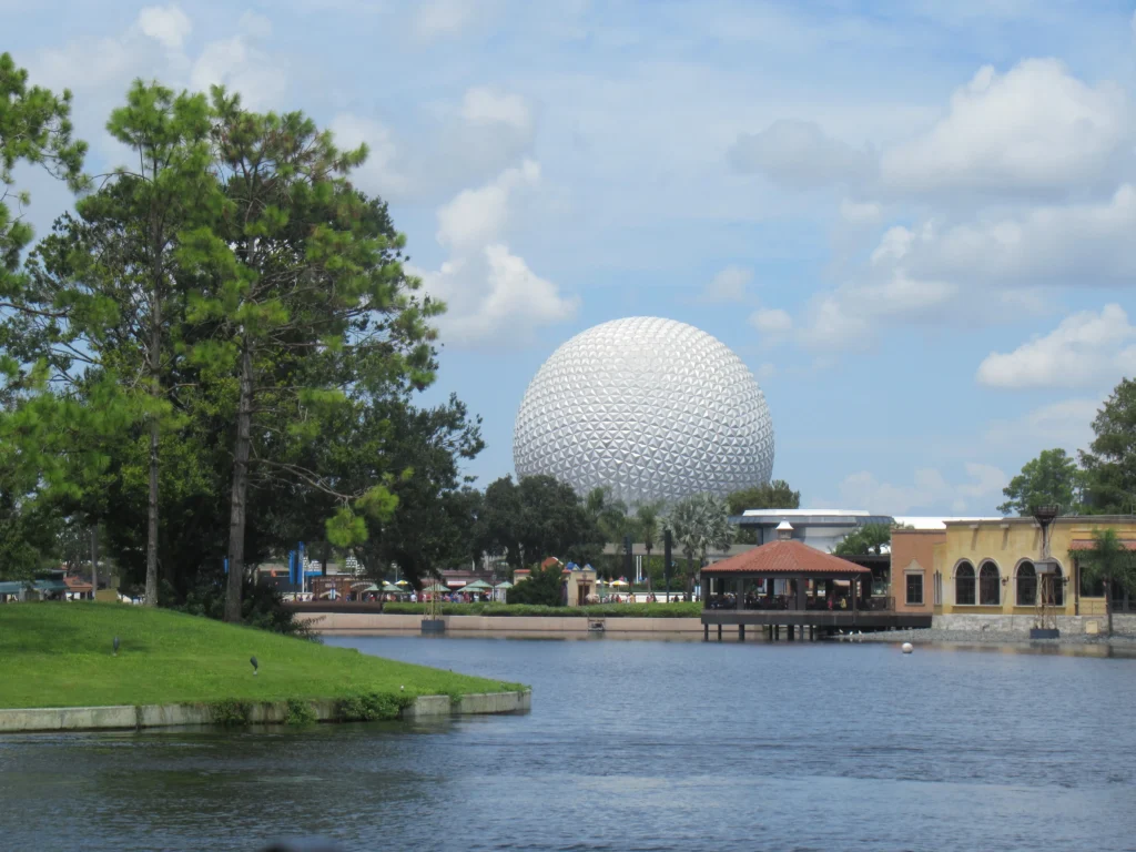 Epcot Ball, Spaceship earth view from World Showcase
